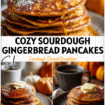 Stack of golden sourdough gingerbread pancakes topped with butter and syrup beside pumpkins.